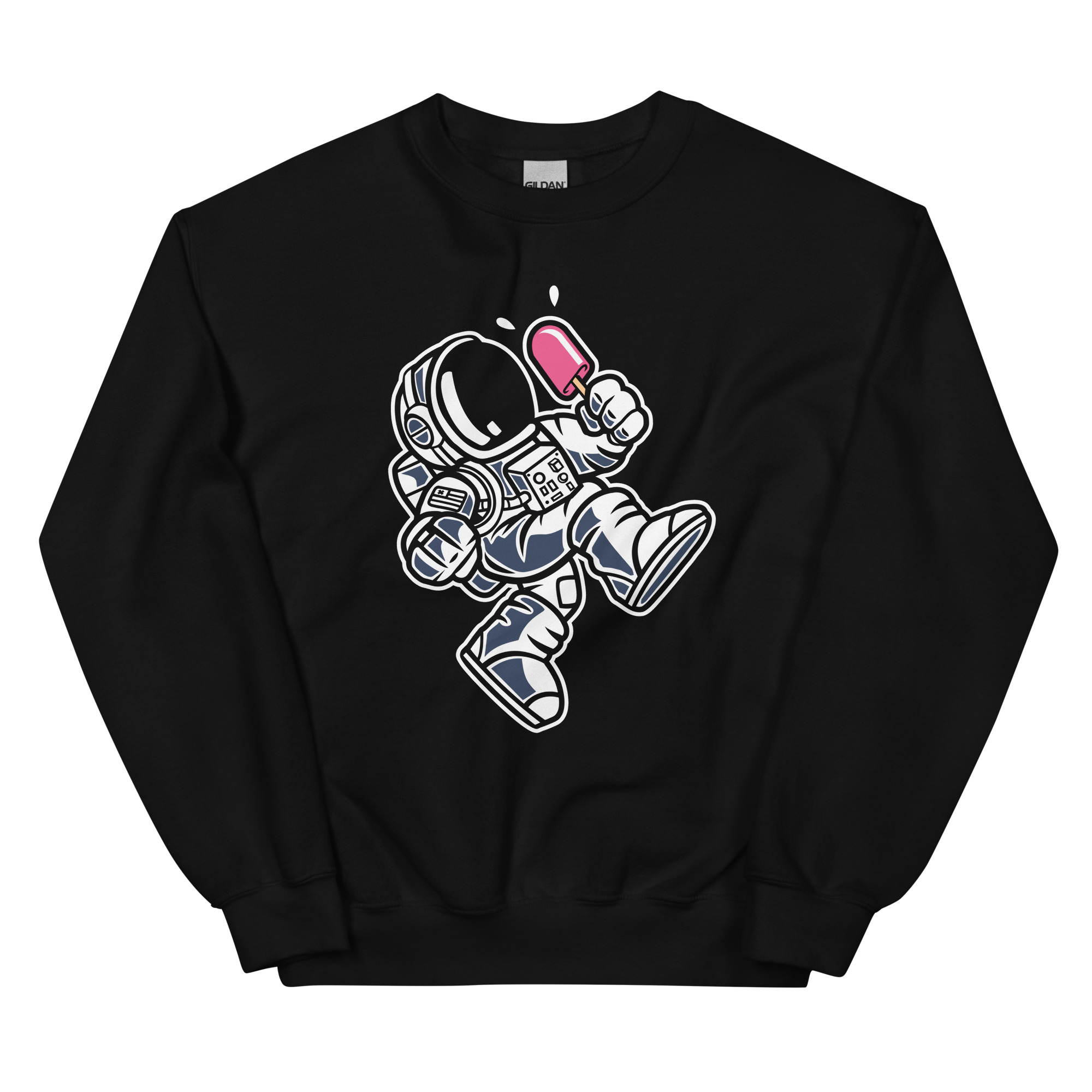 unisex-crew-neck-sweatshirt-black-front-6a837cd6d99ad.jpg Astronaut Ice Cream Cartoon Unisex Sweatshirt - Pilt 1