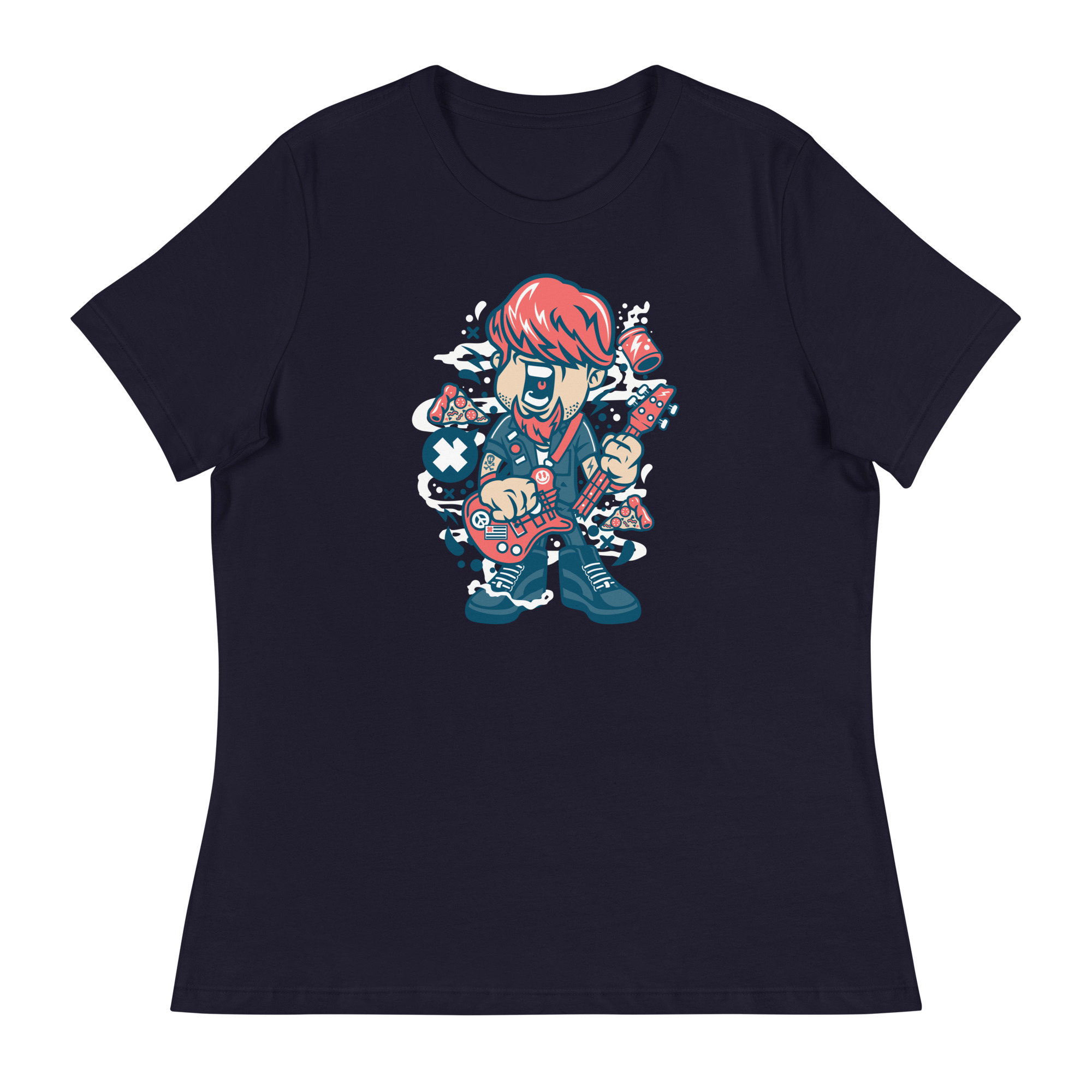 womens-relaxed-t-shirt-navy-front-6a83927440a9c.jpg Broken Guitar Cartoon Women's Relaxed T-Shirt - Pilt 1